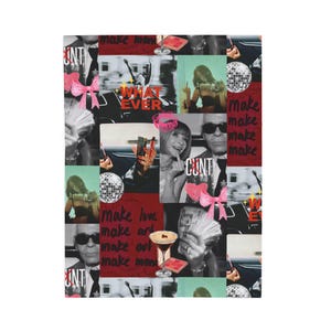 May include: A collage of images with a red, white, and black color scheme. The images include a disco ball, a woman in a car, a woman with a pink bow, and a man with a black and white suit. The text "make love, make art, make out, make money" is written in black on a red background.