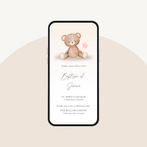 Invito digitale personalizzato Battesimo bimba – Orsetto rosa – WhatsApp e PDF Stampabile – Anche in italiano – Promemoria e Grazie Inclusi