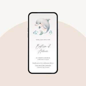 Invito digitale personalizzato Battesimo bimbo – Delfino – WhatsApp e PDF stampabile – Anche in italiano – Promemoria e Grazie inclusi