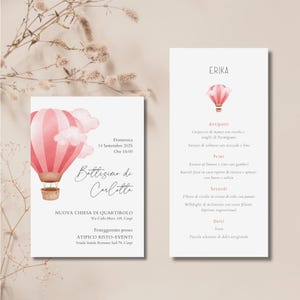 Set Battesimo Bambina – Invito + busta + menù con nome dell’ospite – Tema Mongolfiera – Stampato su Carta Gmund premium + File digitali