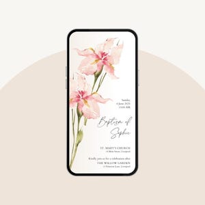 Spersonalizowane cyfrowe zaproszenie na Pierwszą Komunię/Konfirmację dla dziewczynki – Pink Iris – WhatsApp i wydrukowany plik PDF – przypomnienie i podziękowania w zestawie