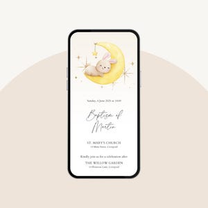 Invito digitale personalizzato battesimo bimbo/bimba – Coniglio – WhatsApp e PDF Stampabile – Anche in italiano– Promemoria e Grazie inclusi