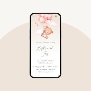 Invito digitale personalizzato Battesimo bimba – Orsetto – File WhatsApp e PDF Stampabile – Anche in italiano – Promemoria e Grazie Inclusi