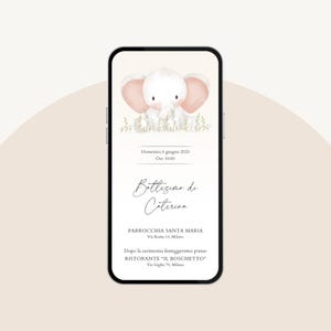 Invito digitale personalizzato battesimo bimbo/bimba – Elefante – WhatsApp e PDF Stampabile – Anche in Italiano– Promemoria e Grazie inclusi
