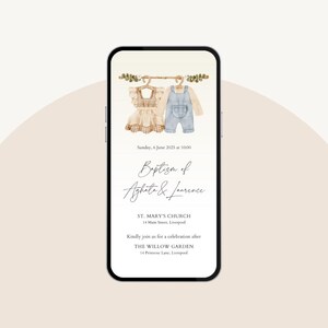 Invito digitale personalizzato Battesimo gemelli – Vestitini – WhatsApp e PDF Stampabile – Anche in italiano – Promemoria e Grazie Inclusi