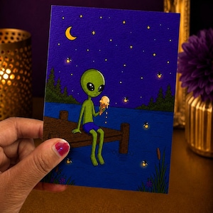 Alien Ice Cream Greeting Card | Moonlit Dock, Stars, Fireflies (4x6 Blank Card)