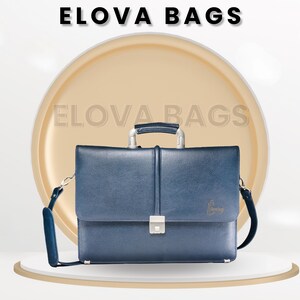 Sac pour ordinateur portable premium 100 % cuir de vache à finition texturée, élégant porte-documents bleu marine pour homme et femme.