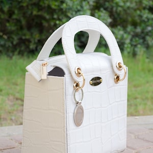 100% Handmade White Crocodile Textured Mini Handbag, Luxury Crocodile Embossed Leather Purse by Elova Bags.