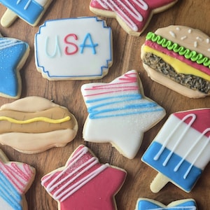 4th of July Sugar Cookies – Gourmet Hot Dog , Hamburger and Star Cookies, Summer BBQ Party Treats, Patriotic Desserts