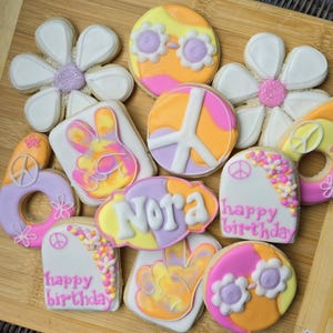 Peace Birthday Cookies | Groovy Party Sugar Cookies | Boho Birthday Favors | Custom Hippie Theme Cookie Set for Kids or Teens