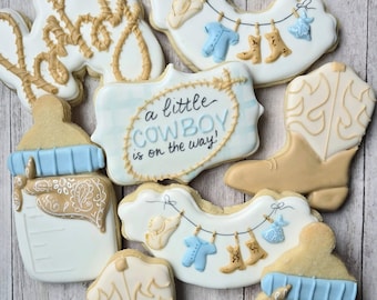 Cowboy Baby Shower Cookies – Western 1st Birthday Sugar Cookies – Rustic Baby Party Favors – Custom Decorated Rodeo Themed Cookies