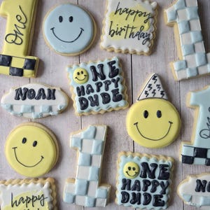Ein glücklicher Dude 1. Geburtstag Kekse - Retro Jungen Geburtstag Zucker Kekse - Groovy Smile Face Party Favors - Individuell dekorierte Kekse