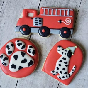 Firetruck and Dalmatian Sugar Cookies – Custom Firefighter Party Favors – Kids Birthday Treats – Hand Decorated Cookies – Made to Order