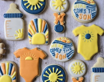 Here Comes the Son Sugar Cookies | Baby Boy Shower Favors | Blue Baby Announcement Cookies | Custom Baby Cookies