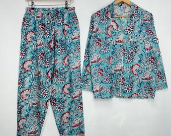 Hand Block Pink Floral Cotton Pajama Set- Soft Boho Loungewear, Bridesmaid Gift for Women