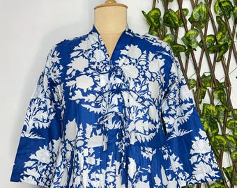 Handmade Floral Print Cotton Midi Dress, Boho Summer Tunic Dress for Women, Casual Beach Wear