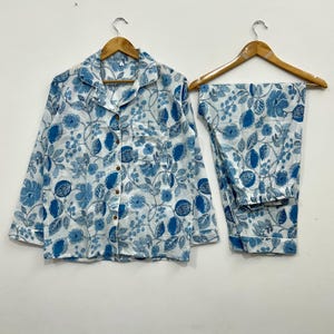 Blue Floral Cotton Pajama Set – Handblock Print Nightwear for Women – Lightweight Summer Lounge Set – Soft Button Down Sleepwear Set, Pj Set