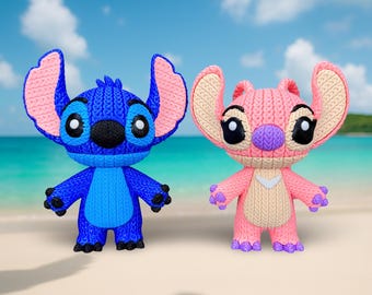 3D Printed Crochet-Style Stitch & Angel Figures Kawaii-Alien Duo for Collectors and Gift Giving