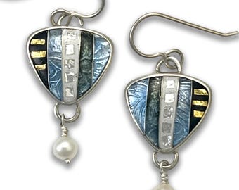 Ricky Frank Cloisonne &quot;Gray Stripes&quot; small triangle dangle earring with freshwater pearls.