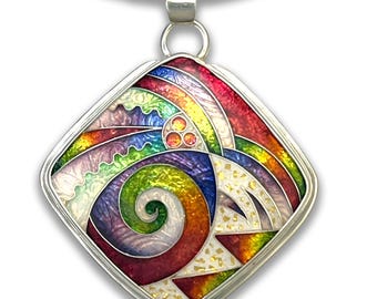 Ricky Frank Red Doodle #1, Large Diamond Cloisonne Pendant.Chain not included.