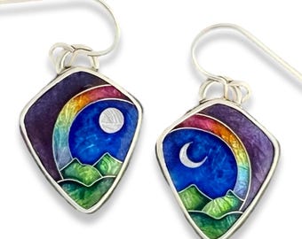 Ricky Frank enamel Kite shaped night/day/rainbow/ mountain earrings.