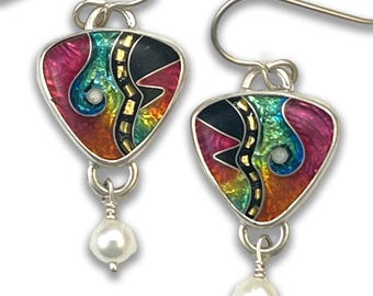 Ricky Frank Cloisonné enamel small triangle earrings. Fall Jazz collection,Sterling silver, freshwater pearl, French ear wires.