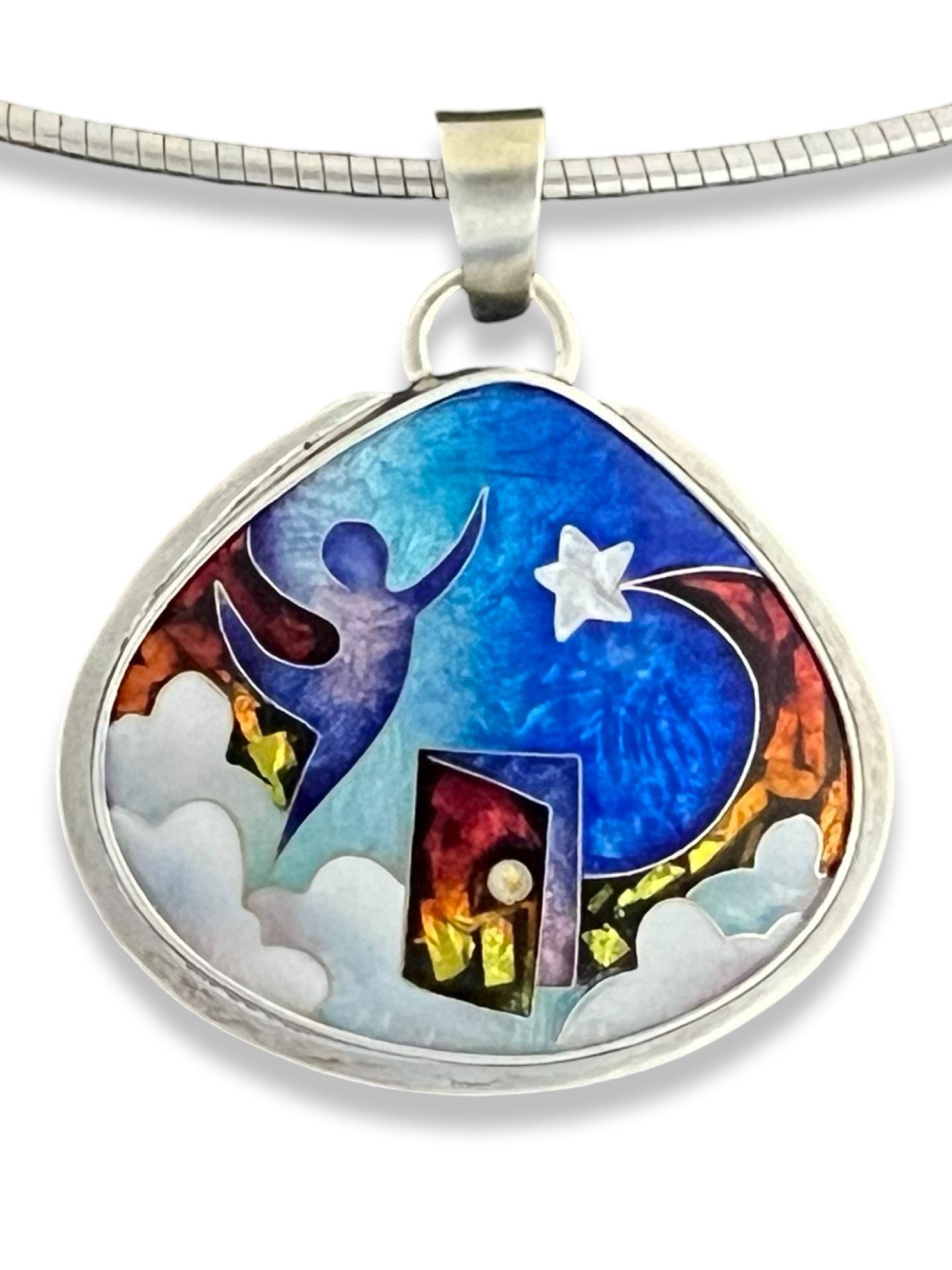 Ricky Frank Dancer with Shooting Star; Medium Marquis Cloisonne Enamel Pendant. Chain not included