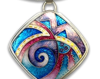 Ricky Frank Blue Pastel Doodle #1, Large Diamond Cloisonne Pendant.Chain not included.