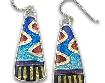 Ricky Frank Cloisonne earrings, Trapezoid with blue sky and gold stripes