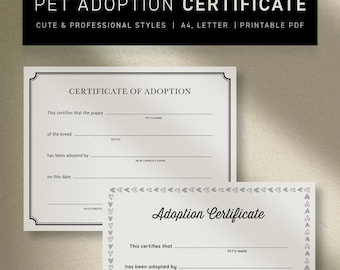 Printable Pet Adoption Certificate | Puppy, Dog Keepsake (A4, Letter PDF)