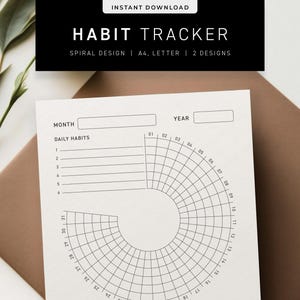 Könnte beinhalten: Ein weißer Habit Tracker mit Spiraldesign, mit Abschnitten für tägliche, wöchentliche und monatliche Gewohnheiten. Der Tracker enthält den Text "HABIT TRACKER" und ist in den Größen A4 und Letter erhältlich.