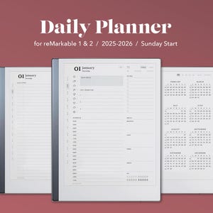 2025-2026 Tagesplaner für reMarkable 1 & 2 - Verlinktes minimalistisches PDF (Sunday Start)