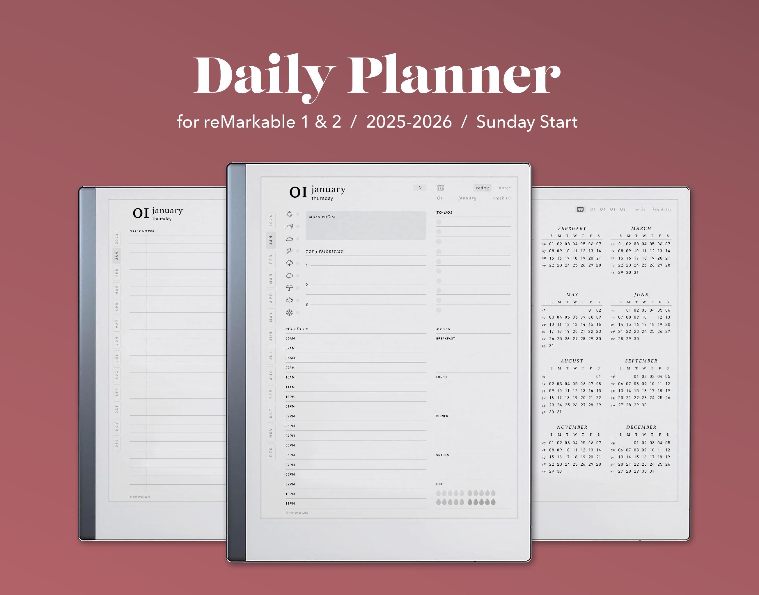 2025-2026 Daily Planner for reMarkable 1 and 2 | Hyperlinked PDF, Sunday Start | Digital Calendar and Journal for reMarkable Tablet