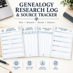 May include: A genealogy research log and source tracker set featuring four printable pages with headers including Genealogy Research Plan, Genealogy Research Log, Source & Citation Tracker, and Research Findings & Next Steps, sized 8.5 x 11 inches.