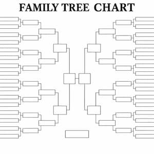 May include: A black and white family tree chart template featuring the text FAMILY TREE CHART at the top. The diagram consists of numerous blank rectangular boxes connected by thin black lines, organized in a symmetrical branching structure.