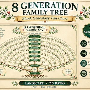 May include: An 8 generation family tree blank genealogy fan chart with a cream background, green leaf accents, and red hearts. The chart features labeled sections for generations, a central tree trunk, and text including 8 Generation Family Tree.