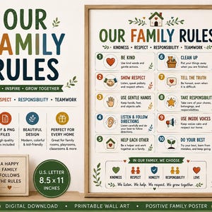 Puede incluir: Un póster de pared imprimible titulado Our Family Rules que presenta diez pautas numeradas con iconos, incluyendo Be Kind, Show Respect y Do Your Best. El diseño incluye texto, hojas decorativas y una etiqueta de 8.5 x 11 inches.