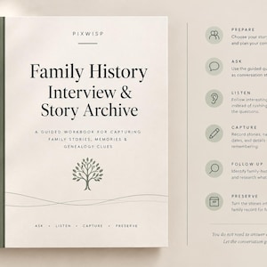 Könnte beinhalten: Ein cremefarbenes Arbeitsbuch mit dem Titel Family History Interview & Story Archive und einem dunkelgrünen Buchrücken. Das Cover zeigt ein Baum-Symbol und den Text A guided workbook for capturing family stories, memories & genealogy clues. Enthält eine Liste.