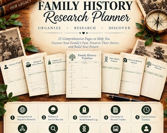 Peut inclure: Un planificateur de recherche en histoire familiale comprenant 15 pages avec des sections pour les profils d'ancêtres, les suivis d'ADN et les chronologies. Le document inclut le texte Family History Research Planner, Organize, Research, Discover.