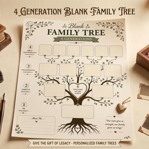 May include: A 4 Generation Blank Family Tree chart printed on cream paper with dark brown ink. The design features a central tree with empty rectangular boxes for names, labeled generations, and the text 4 Generation Blank Family Tree.