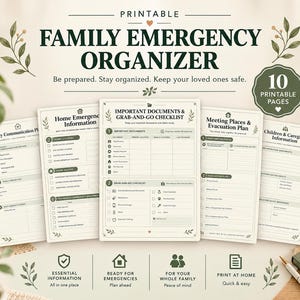 Peut inclure: Un ensemble organisateur d'urgence familiale imprimable comprenant 10 pages avec des listes de contrôle pour les documents importants, les articles de secours, les informations d'urgence, les plans de communication et d'évacuation.