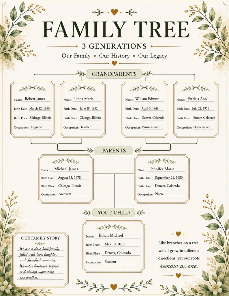 3 Generation Family Tree Template Printable Genealogy Chart digital 3 Generation Family Tree Template Printable Genealogy Chart digital