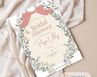Plantilla de invitación para despedida de soltera con lazo rosa / Diseño floral de Canva (descarga digital)