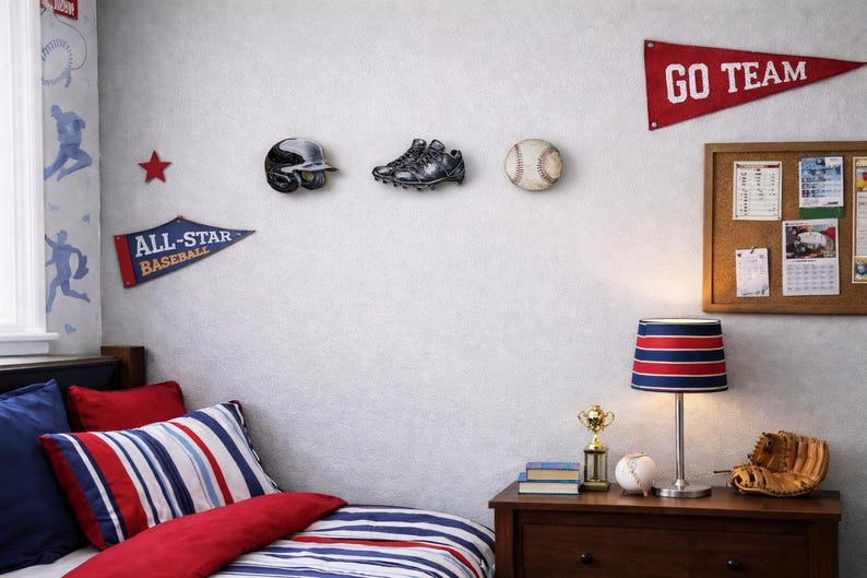 May include: A bedroom wall featuring a baseball helmet, cleats, and baseball wall decor, a red Go Team pennant, a blue All-Star Baseball pennant, a red star, a striped lamp, a gold trophy, a baseball, a leather glove, and a cork bulletin board.