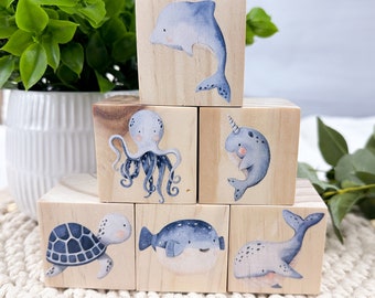 Ocean Nursery Decor, Ocean Theme Baby Gift, Under The Sea Nursery Theme, Beach Decor, Wooden Blocks, New Baby Gift, Sea Turtle, Octopus