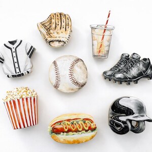 May include: A collection of baseball-themed items including a white jersey, a tan leather glove, a clear cup with a red-striped straw, a white baseball, black cleats, a red and white striped popcorn container, a hot dog, and a black helmet.