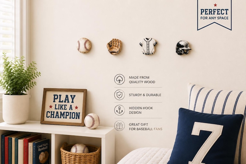 May include: Four wall-mounted hooks shaped like a baseball, a glove, a jersey, and a helmet. Text on the wall includes "PERFECT FOR ANY SPACE," "MADE FROM QUALITY WOOD," "STURDY & DURABLE," "HIDDEN HOOK DESIGN," and "GREAT GIFT FOR BASEBALL FANS."