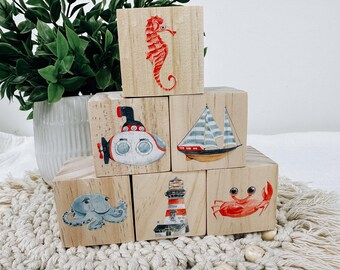 Ocean Nursery Decor, Ocean Theme Baby Gift, Under The Sea Nursery Theme, Beach Decor, Wooden Blocks, New Baby Gift, Submarine, Crab