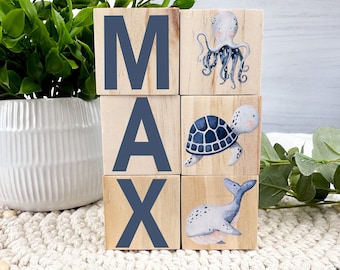 Under The Sea Baby Gift Wooden Blocks,  Ocean, Personalized Baby Gift, Baby Shower Gift, New Baby Gift, Nursery Decor, Wooden Nursery Blocks