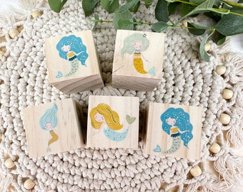 Mermaid Wooden Blocks,  Personalized Under The Sea DecorBaby, Baby Shower Gift, New Baby Gift, Nursery Decor, Wooden Nursery Blocks, Ocean